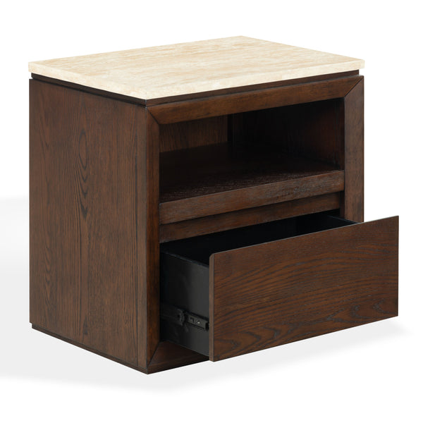 Alaura Nightstand With Natural Stone Top And Solid Wood Base — Minimalist Bedside Storage, 26"H