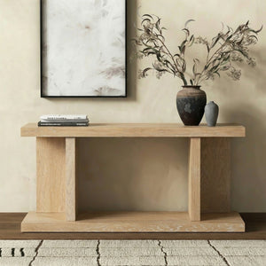 Claramay Console Table With Cerused Grain Finish, Solid Wood, Spacious Top & Lower Shelf (58")