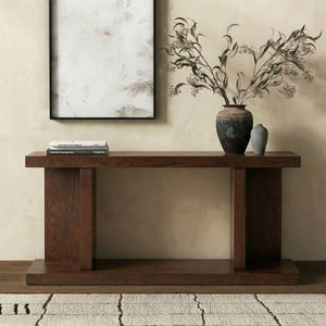 Claramay Console Table With Cerused Grain Finish, Solid Wood, Spacious Top & Lower Shelf (58")