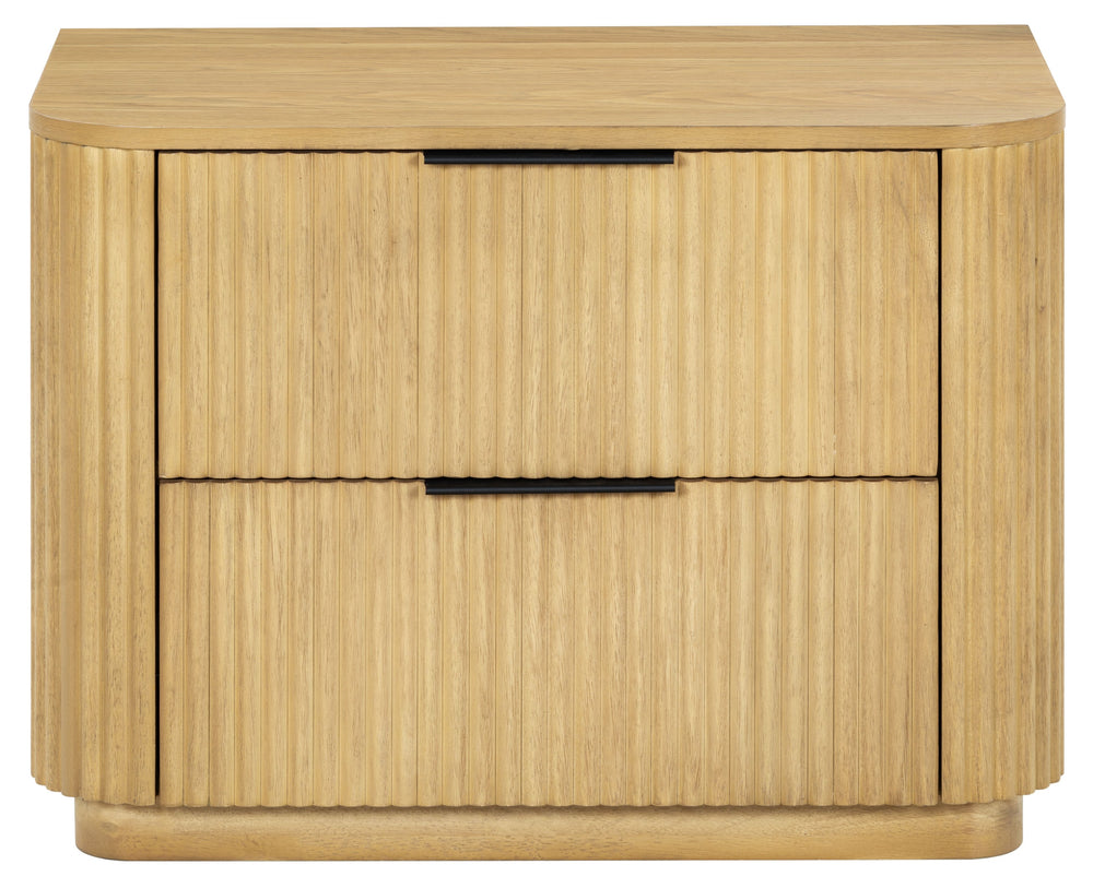 Barrymore Reeded Wood 2-Drawer Nightstand With Metal Legs, Compact Transitional Bedside Storage Solution