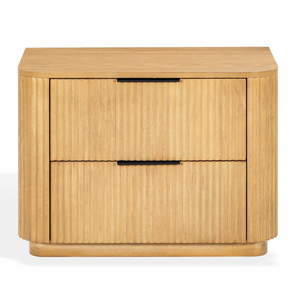 Barrymore Reeded Wood 2-Drawer Nightstand With Metal Legs, Compact Transitional Bedside Storage Solution