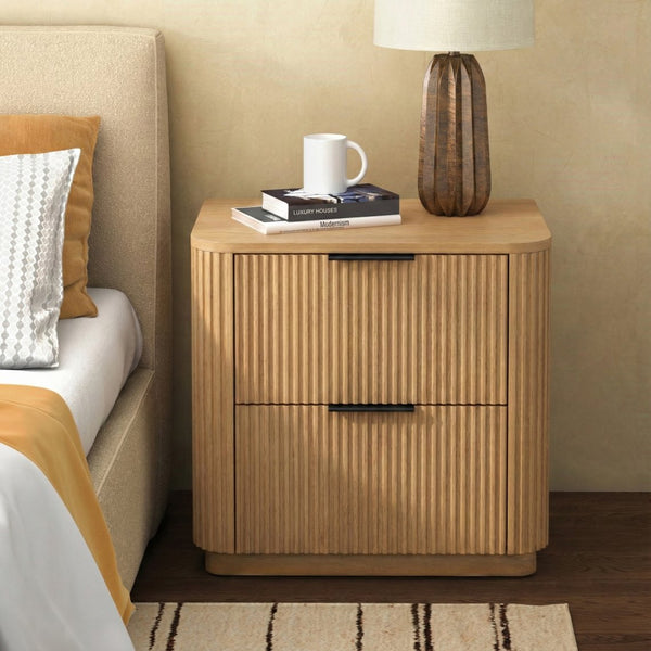Barrymore Reeded Wood 2-Drawer Nightstand With Metal Legs, Compact Transitional Bedside Storage Solution