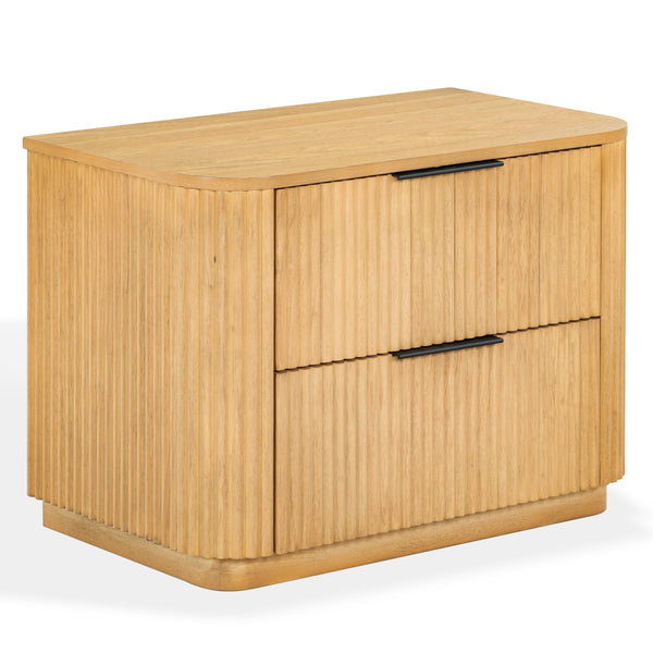 Barrymore Reeded Wood 2-Drawer Nightstand With Metal Legs, Compact Transitional Bedside Storage Solution
