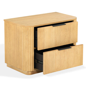 Barrymore Reeded Wood 2-Drawer Nightstand With Metal Legs, Compact Transitional Bedside Storage Solution