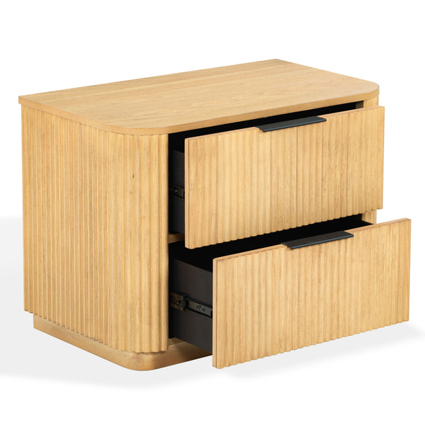 Barrymore Reeded Wood 2-Drawer Nightstand With Metal Legs, Compact Transitional Bedside Storage Solution