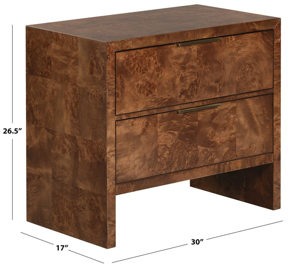 Francene Burl Wood Nightstand With Metal Accents — Sculptural Grain, Sturdy Construction, Versatile Storage