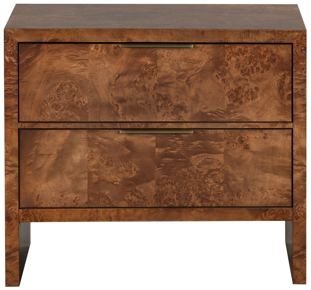 Francene Burl Wood Nightstand With Metal Accents — Sculptural Grain, Sturdy Construction, Versatile Storage