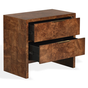 Francene Burl Wood Nightstand With Metal Accents — Sculptural Grain, Sturdy Construction, Versatile Storage