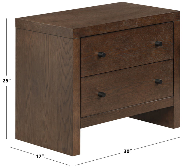Frederick Two-Drawer Wood Nightstand With Metal Accents, Smooth-Glide Storage & Timeless Grain Finish
