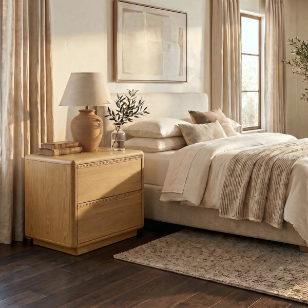 Safavieh Alanna Solid Oak Nightstand with Carved Drawer Fronts for Bohemian Bedroom Styling Brown Oak SFV2236B