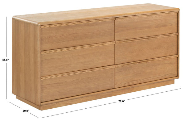 Safavieh Alanna Hand-Carved Solid Wood Six Drawer Dresser for Transitional Bedroom Storage Brown Oak SFV2237B