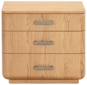 Safavieh Carmilla Three Drawer Nightstand with Hammered Metal Hardware and Warm Oak Finish Brown Oak SFV2241A