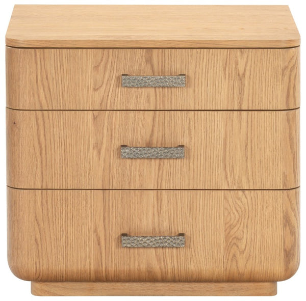 Safavieh Carmilla Three Drawer Nightstand with Hammered Metal Hardware and Warm Oak Finish Brown Oak SFV2241A