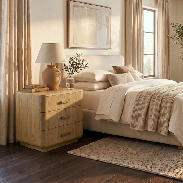 Safavieh Carmilla Three Drawer Nightstand with Hammered Metal Hardware and Warm Oak Finish Brown Oak SFV2241A