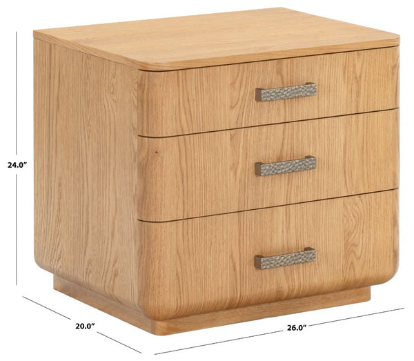 Safavieh Carmilla Three Drawer Nightstand with Hammered Metal Hardware and Warm Oak Finish Brown Oak SFV2241A