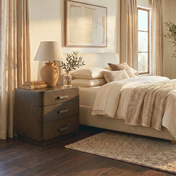 Safavieh Carmilla Three Drawer Nightstand with Hammered Metal Hardware and Warm Oak Finish Dark Brown Oak SFV2241B