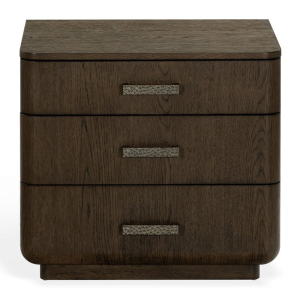 Safavieh Carmilla Three Drawer Nightstand with Hammered Metal Hardware and Warm Oak Finish Dark Brown Oak SFV2241B