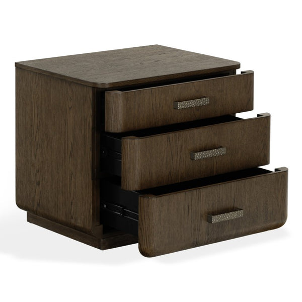Safavieh Carmilla Three Drawer Nightstand with Hammered Metal Hardware and Warm Oak Finish Dark Brown Oak SFV2241B