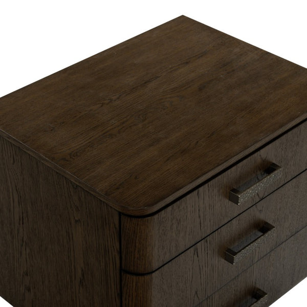 Safavieh Carmilla Three Drawer Nightstand with Hammered Metal Hardware and Warm Oak Finish Dark Brown Oak SFV2241B
