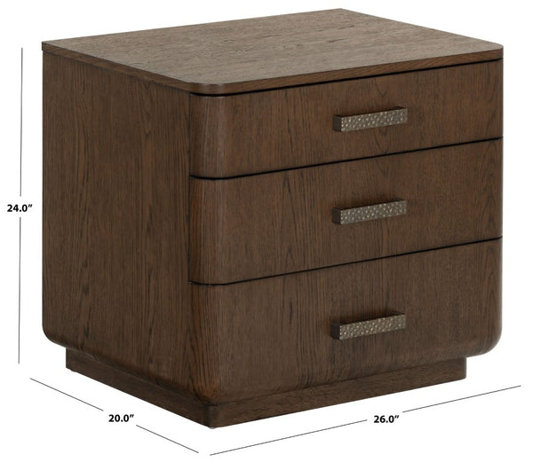 Safavieh Carmilla Three Drawer Nightstand with Hammered Metal Hardware and Warm Oak Finish Dark Brown Oak SFV2241B