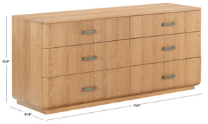 Safavieh Carmilla Six Drawer Dresser with Hammered Metal Hardware and Warm Oak Wood Finish Brown Oak SFV2242A
