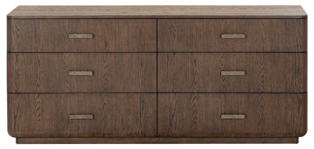 Safavieh Carmilla Six Drawer Dresser with Hammered Metal Hardware and Warm Oak Wood Finish Dark Brown Oak SFV2242B