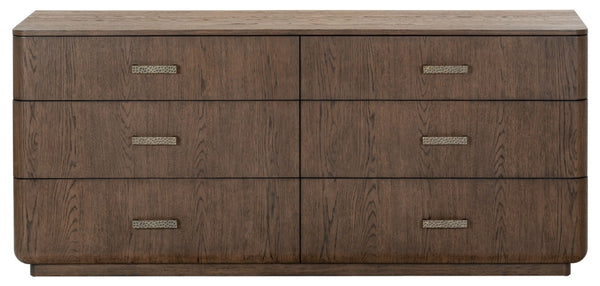 Safavieh Carmilla Six Drawer Dresser with Hammered Metal Hardware and Warm Oak Wood Finish Dark Brown Oak SFV2242B