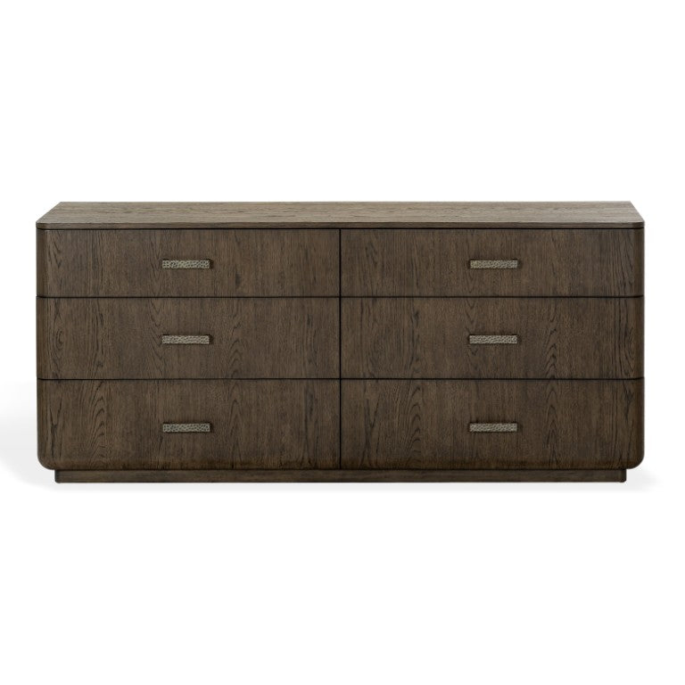 Safavieh Carmilla Six Drawer Dresser with Hammered Metal Hardware and Warm Oak Wood Finish Dark Brown Oak SFV2242B