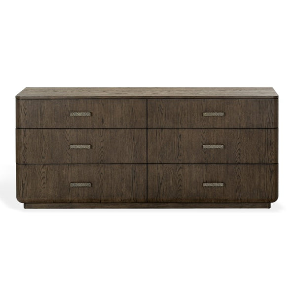 Safavieh Carmilla Six Drawer Dresser with Hammered Metal Hardware and Warm Oak Wood Finish Dark Brown Oak SFV2242B