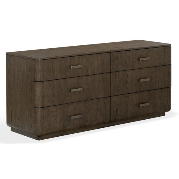 Safavieh Carmilla Six Drawer Dresser with Hammered Metal Hardware and Warm Oak Wood Finish Dark Brown Oak SFV2242B