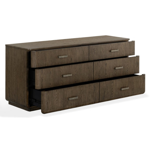 Safavieh Carmilla Six Drawer Dresser with Hammered Metal Hardware and Warm Oak Wood Finish Dark Brown Oak SFV2242B