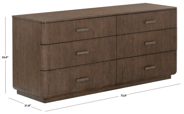 Safavieh Carmilla Six Drawer Dresser with Hammered Metal Hardware and Warm Oak Wood Finish Dark Brown Oak SFV2242B