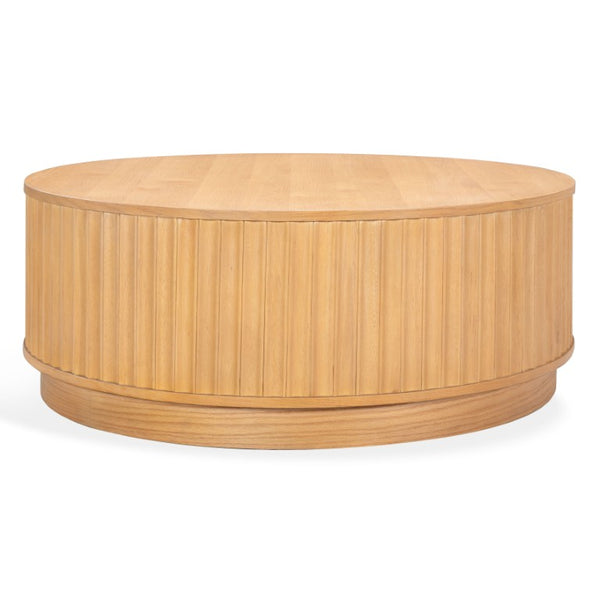 Safavieh Cynthia Round Fluted Wood Coffee Table Low Profile Sculptural Oak Living Room Accent Brown Oak SFV2244A