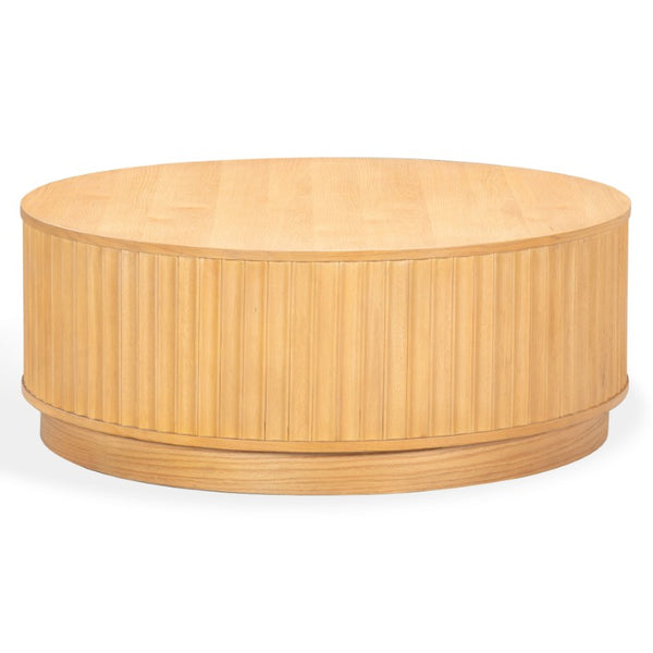 Safavieh Cynthia Round Fluted Wood Coffee Table Low Profile Sculptural Oak Living Room Accent Brown Oak SFV2244A