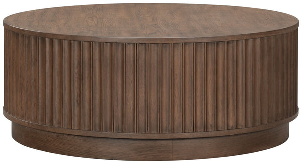Safavieh Cynthia Round Fluted Wood Coffee Table Low Profile Sculptural Oak Living Room Accent Dark Brown Oak SFV2244B