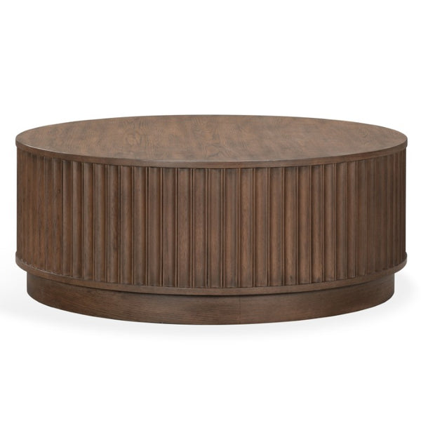 Safavieh Cynthia Round Fluted Wood Coffee Table Low Profile Sculptural Oak Living Room Accent Dark Brown Oak SFV2244B