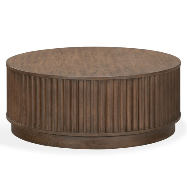 Safavieh Cynthia Round Fluted Wood Coffee Table Low Profile Sculptural Oak Living Room Accent Dark Brown Oak SFV2244B