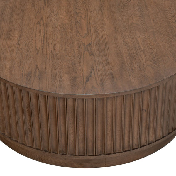 Safavieh Cynthia Round Fluted Wood Coffee Table Low Profile Sculptural Oak Living Room Accent Dark Brown Oak SFV2244B