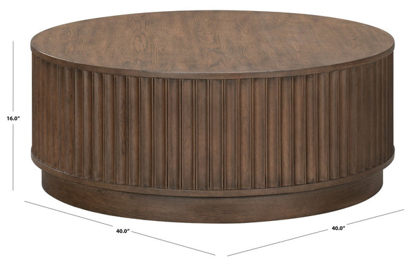 Safavieh Cynthia Round Fluted Wood Coffee Table Low Profile Sculptural Oak Living Room Accent Dark Brown Oak SFV2244B