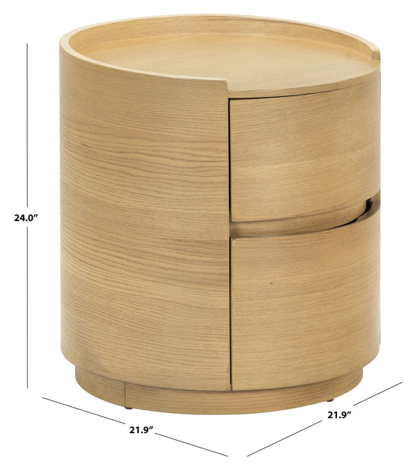 Safavieh Melissa Round 2 Drawer Solid Wood Nightstand Minimalist Bedside Storage Piece GREIGE OAK SFV2245A
