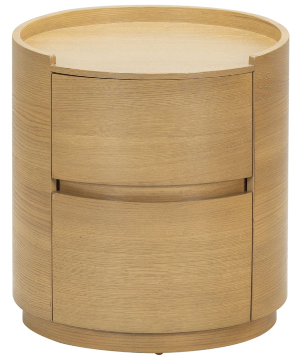 Safavieh Melissa Round 2 Drawer Solid Wood Nightstand Minimalist Bedside Storage Piece GREIGE OAK SFV2245A