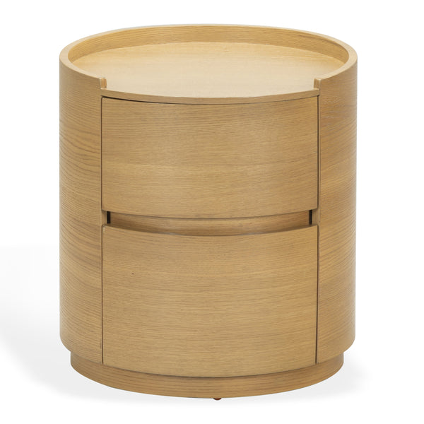 Safavieh Melissa Round 2 Drawer Solid Wood Nightstand Minimalist Bedside Storage Piece GREIGE OAK SFV2245A