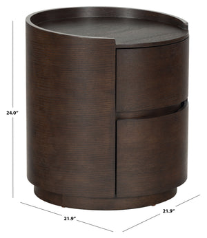 Safavieh Melissa Round 2 Drawer Solid Wood Nightstand Minimalist Bedside Storage Piece WALNUT SFV2245B