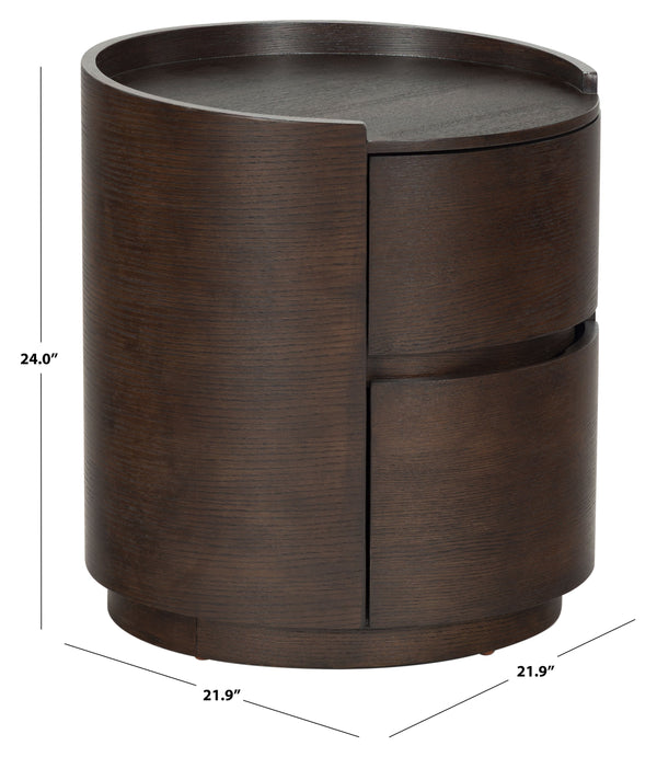 Safavieh Melissa Round 2 Drawer Solid Wood Nightstand Minimalist Bedside Storage Piece WALNUT SFV2245B