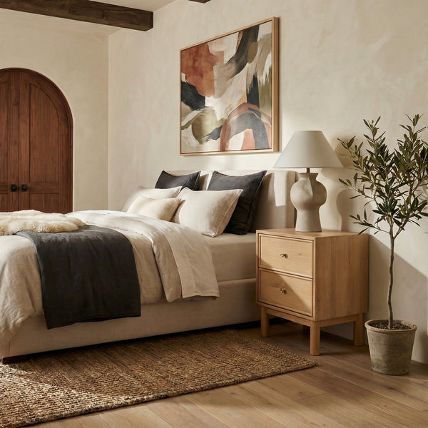 Safavieh Orion Wood and Metal Nightstand with Two Drawers for Contemporary Bedroom Storage GREIGE OAK SFV2246A