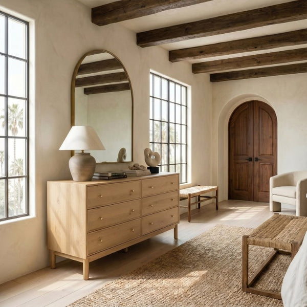 Safavieh Orion Six Drawer Wood and Metal Dresser for Modern Transitional Bedroom Storage Greige Oak SFV2247A