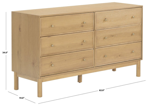 Safavieh Orion Six Drawer Wood and Metal Dresser for Modern Transitional Bedroom Storage Greige Oak SFV2247A