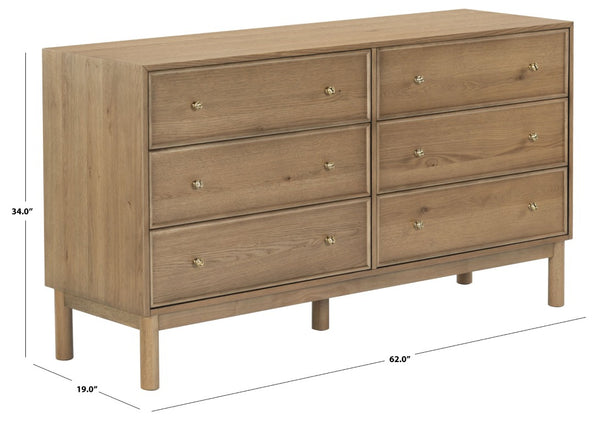 Safavieh Orion Six Drawer Wood and Metal Dresser for Modern Transitional Bedroom Storage Brown Oak SFV2247B