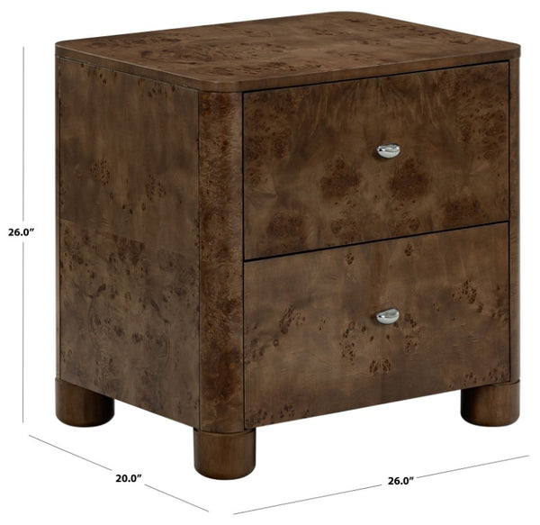Safavieh Josephina Burl Walnut Two Drawer Nightstand with Silver Hardware for Modern Bedrooms SFV2248A