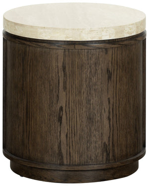 Safavieh Alysandria Round Travertine Stone Top Side Table with Warm Oak Base for Modern Interiors Dark Brown Oak SFV2252A